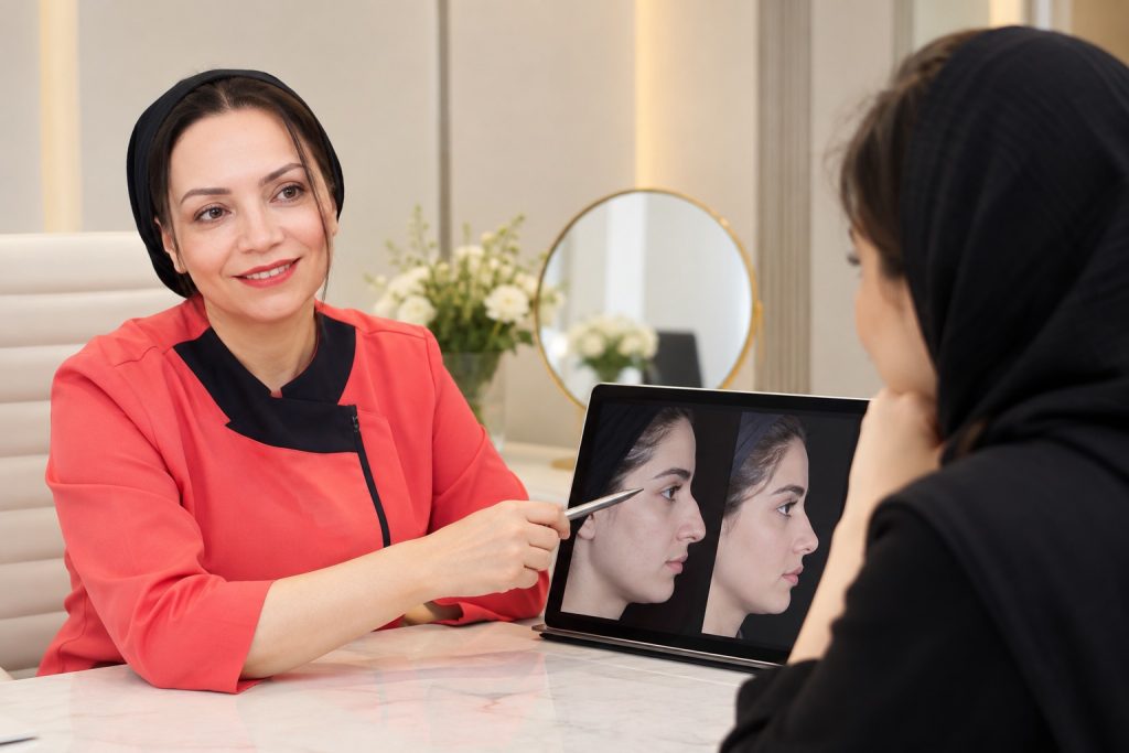 Dr. Katayoun Ansari consulting an international patient about rhinoplasty in Tehran