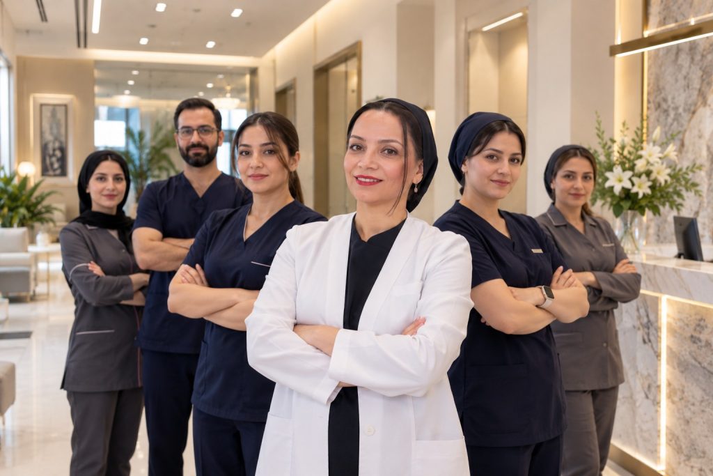 Dr. Katayoun Ansari and her medical team at a professional rhinoplasty clinic in Iran